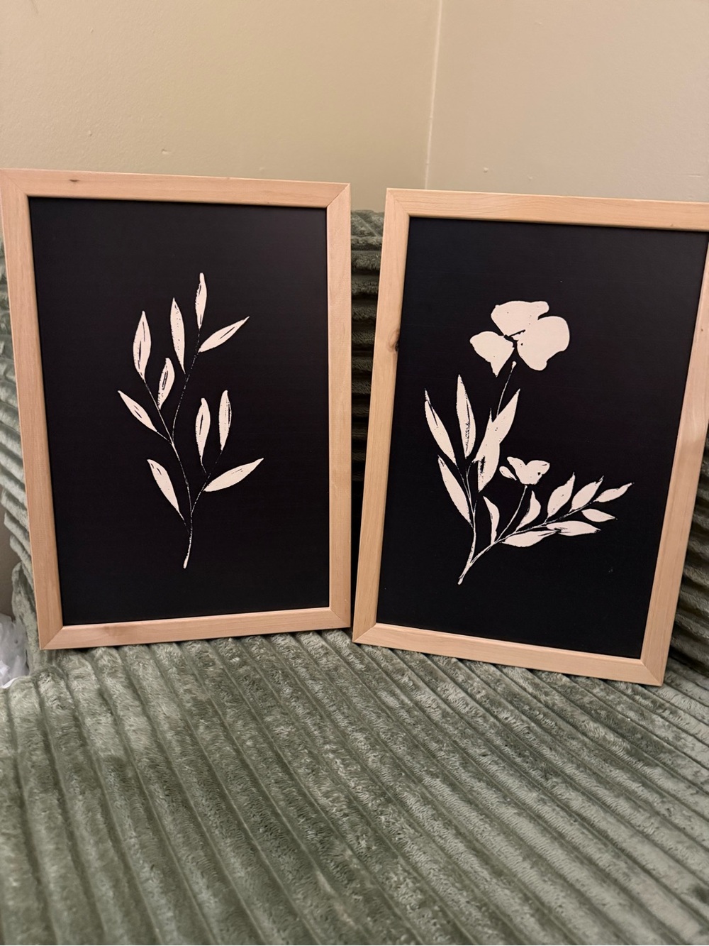Black & White Floral Wall Art Set with Natural Wood Frames